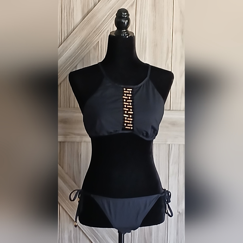 Women's Sexy Black 2 Piece Bikini with Gold Bead Details